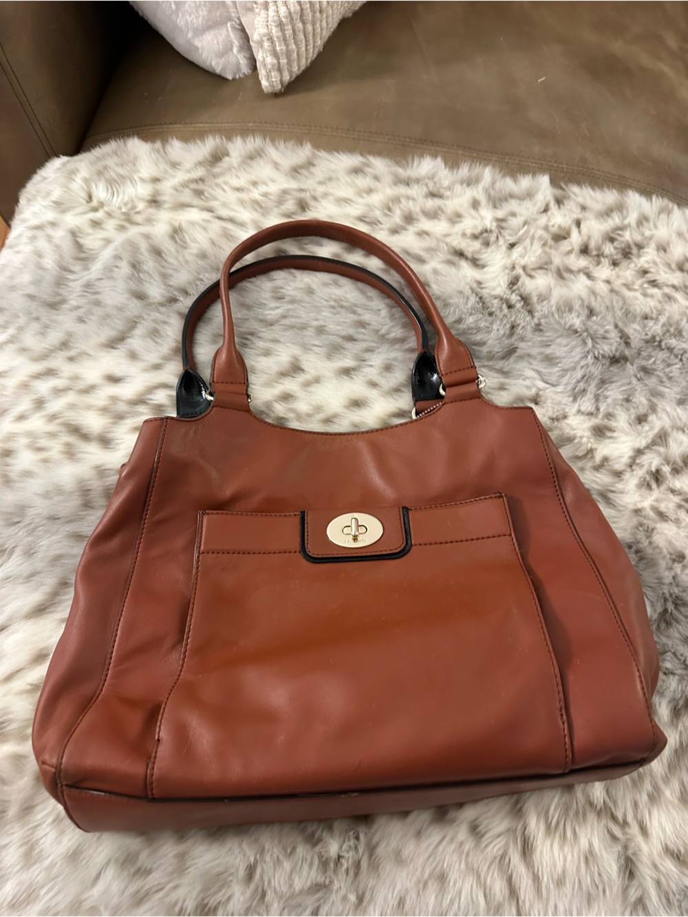 kate spade Cognac Leather Tote with Gold Turn-Lock